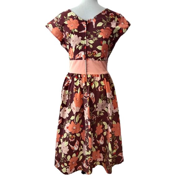 Folter Womens Brown Pink Floral Bird Crossover Bust Flare Skirt Retro Dress L - Picture 4 of 10
